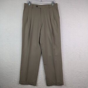 Berle Pants Mens 35R Tan Wool Dress Pleated Cuffed Straight  33x29.5